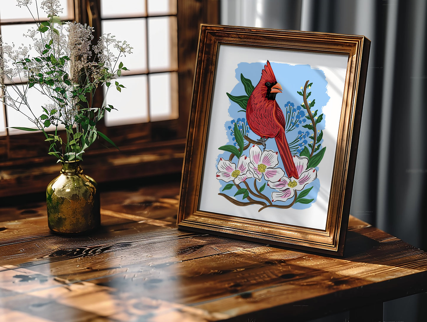 Carolina Cardinal with Dogwoods - Art Print