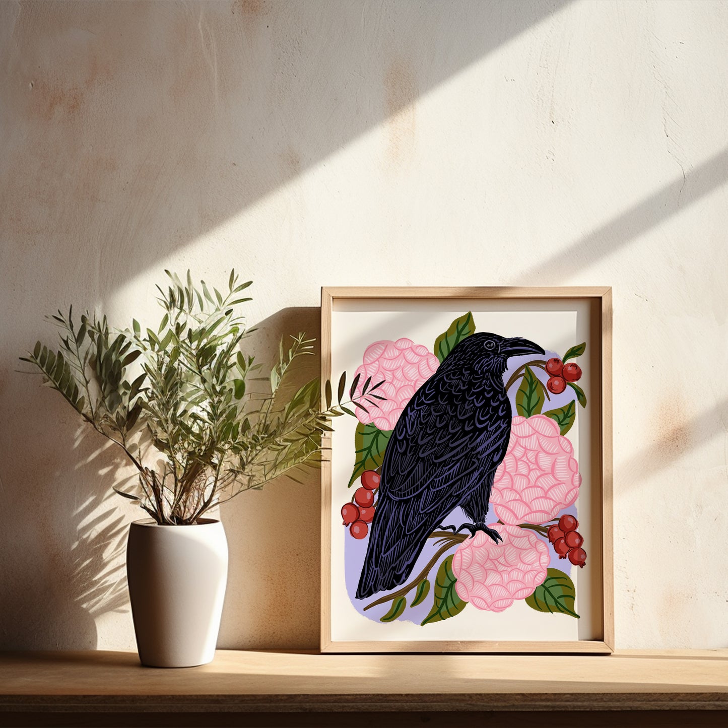 Raven with Camellia Flowers and Figs - Art Print