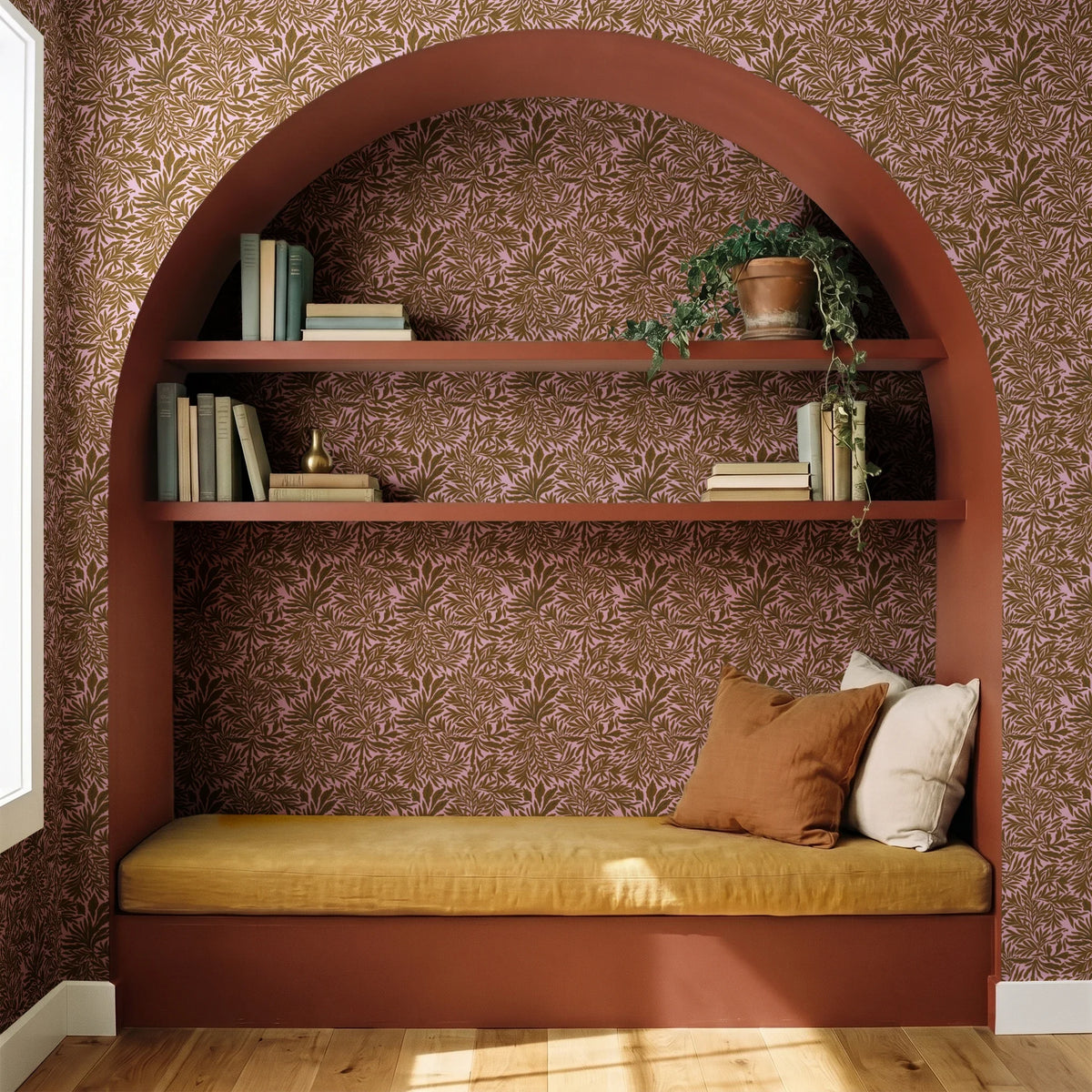 Willow Leaves, Pink and Bronze Wallpaper
