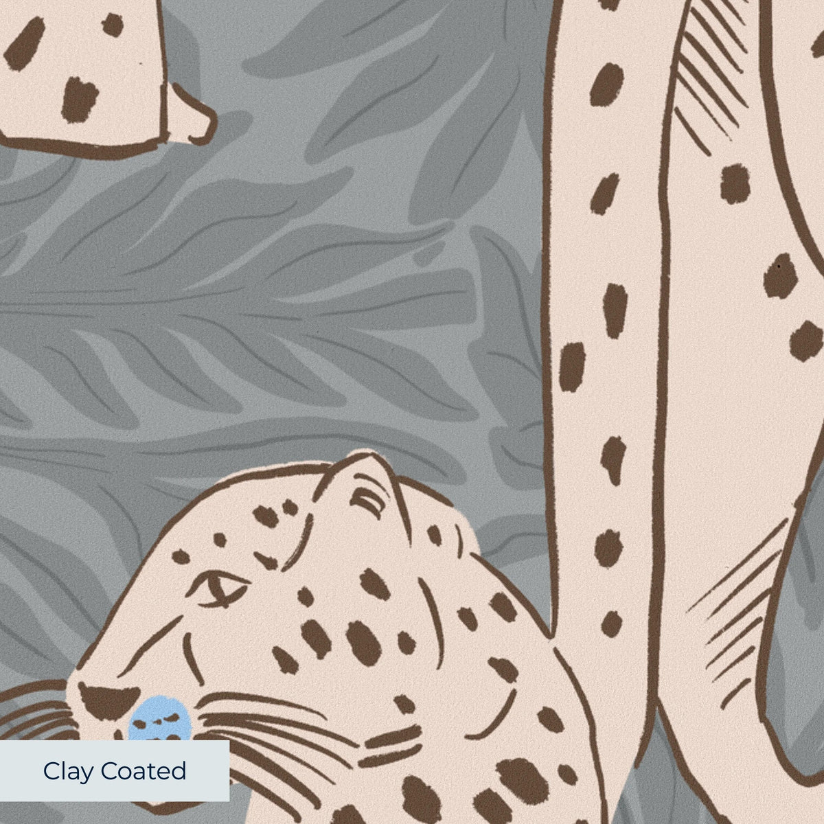 Leopards in various poses on gray background with leaf pattern