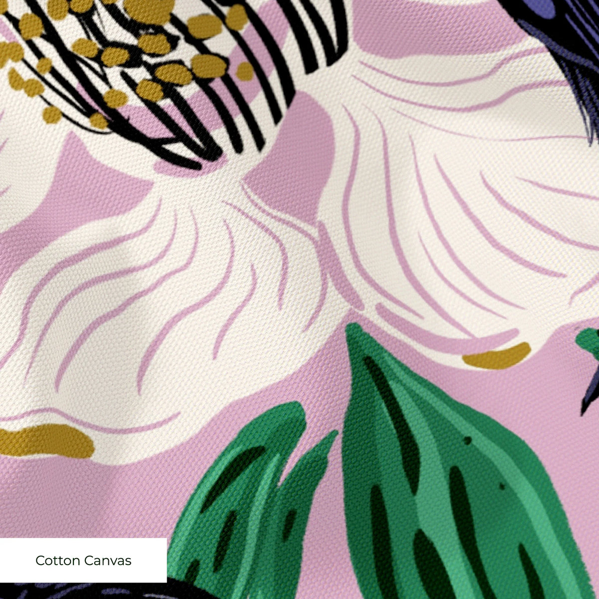 White magnolia flowers with green leaves and black crows on pink background in repeating pattern