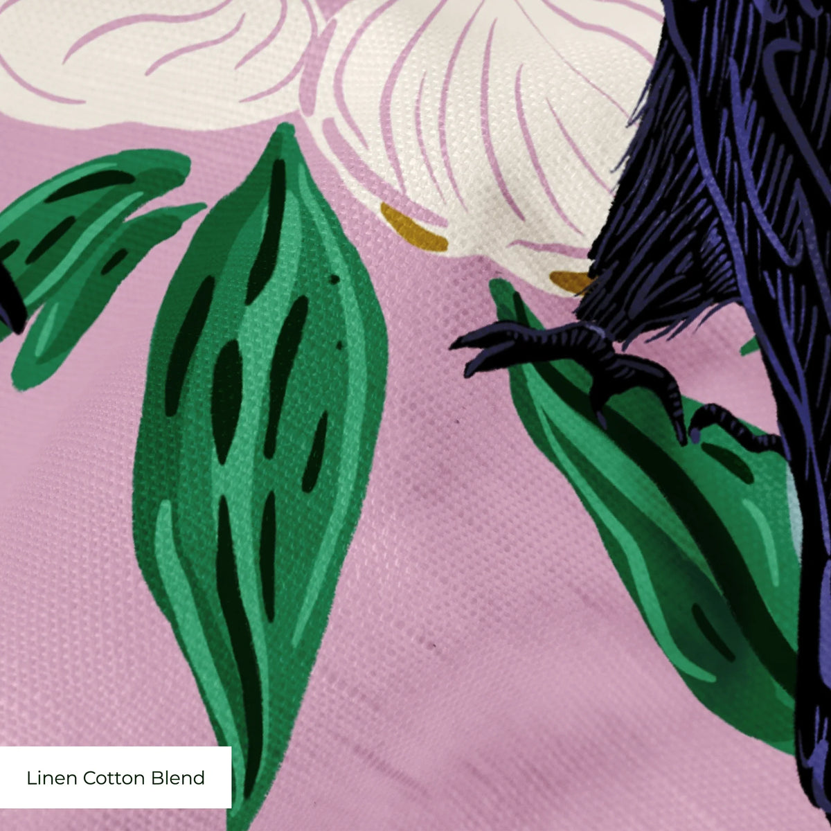 White magnolia flowers with green leaves and black crows on pink background in repeating pattern
