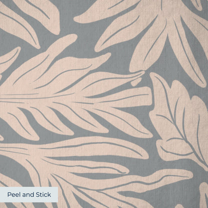 Beige palm fronds and tropical leaves pattern on gray background in Art Nouveau style