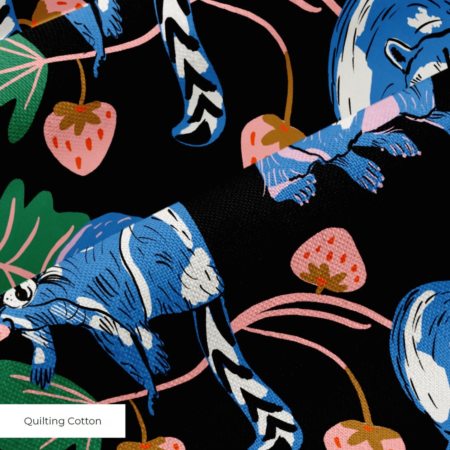 Raccoons and Strawberries Fabric