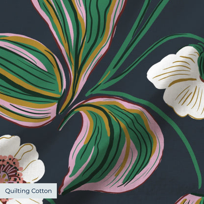 Tropical floral pattern with cream hibiscus flowers and striped green leaves on dark background