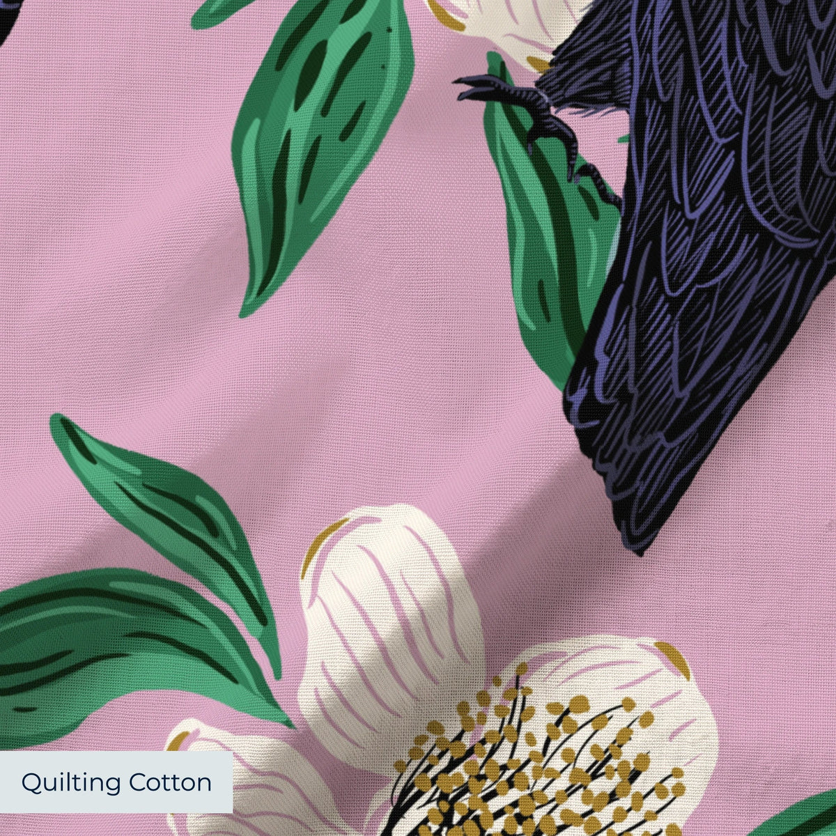 Raven with Magnolia Blossoms Fabric