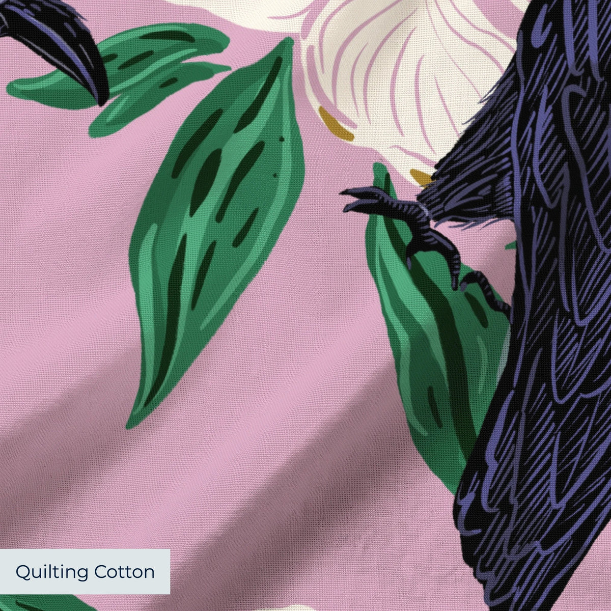 White magnolia flowers with green leaves and black crows on pink background in repeating pattern