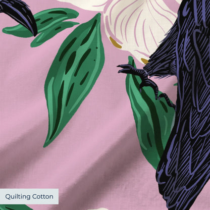 White magnolia flowers with green leaves and black crows on pink background in repeating pattern