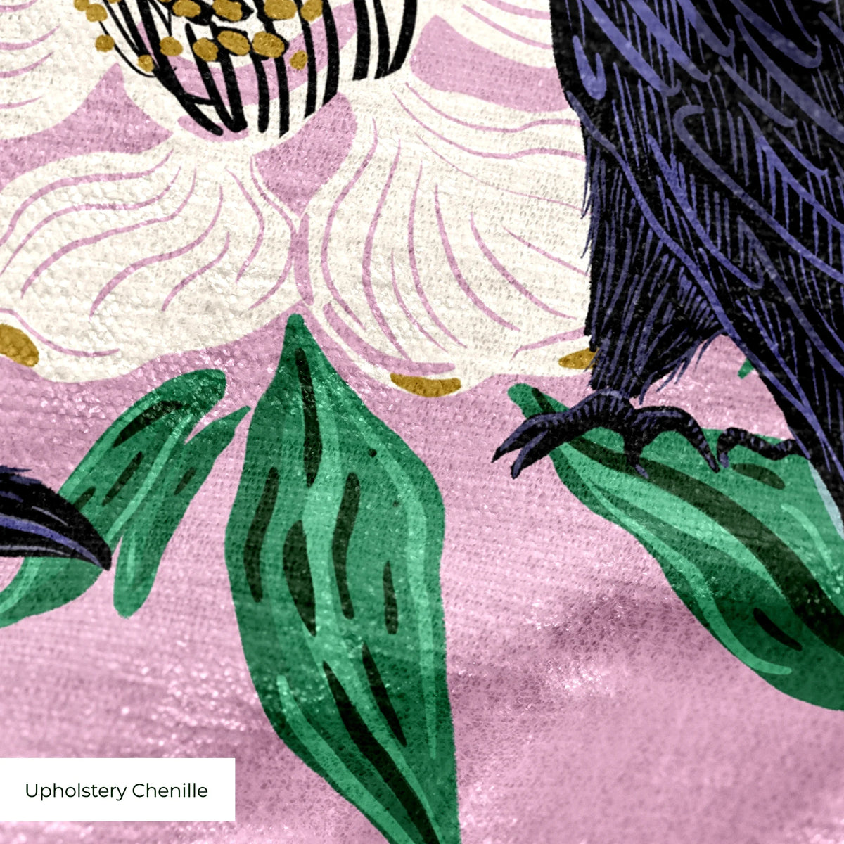 White magnolia flowers with green leaves and black crows on pink background in repeating pattern