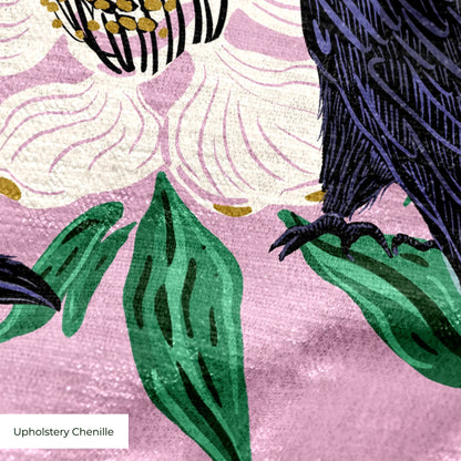 White magnolia flowers with green leaves and black crows on pink background in repeating pattern
