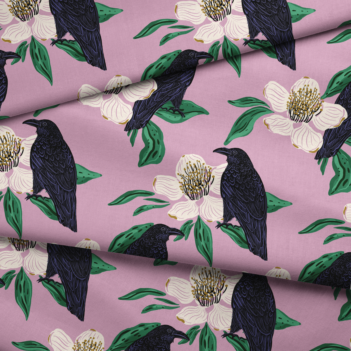 White magnolia flowers with green leaves and black crows on pink background in repeating pattern
