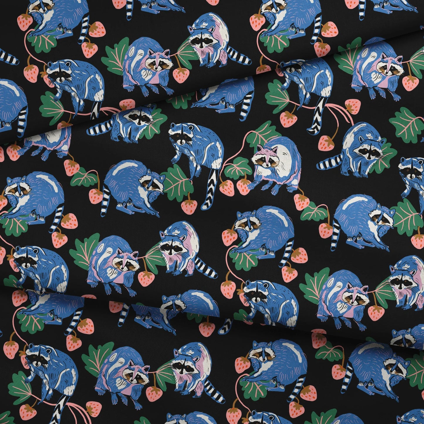 Raccoons and Strawberries Fabric