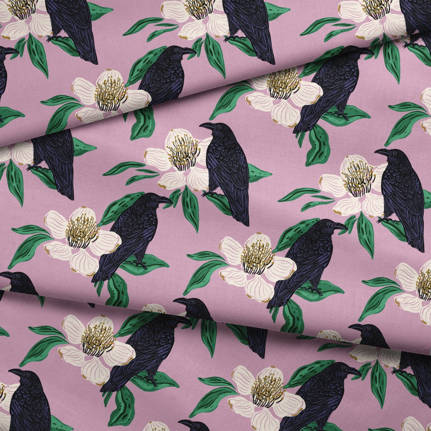 Raven with Magnolia Blossoms  Fabric