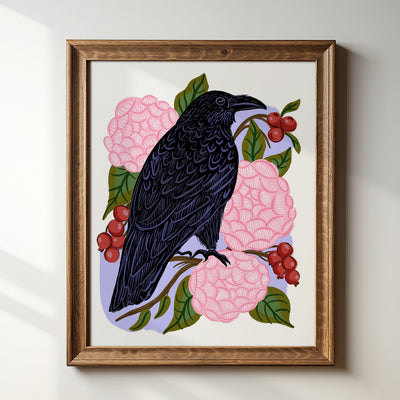 Raven with Camellias - Art Print