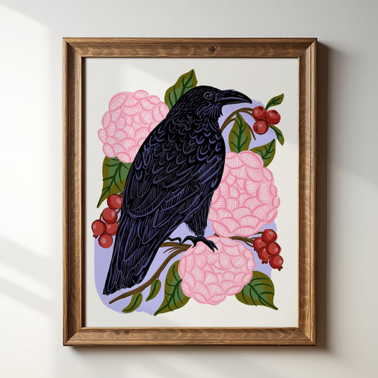 Raven with Camellia Flowers and Figs - Art Print