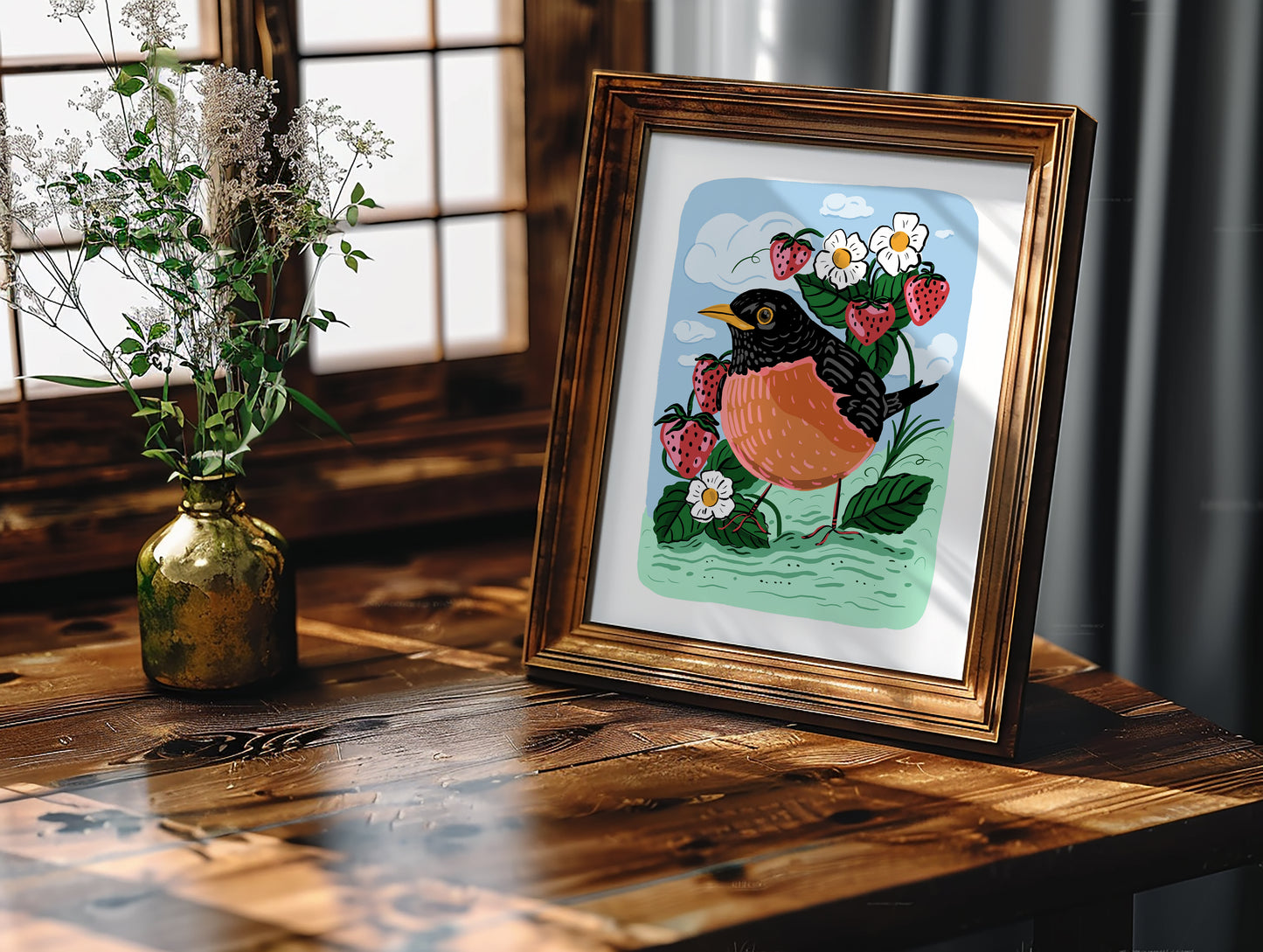 Robin with Strawberries - Art Print