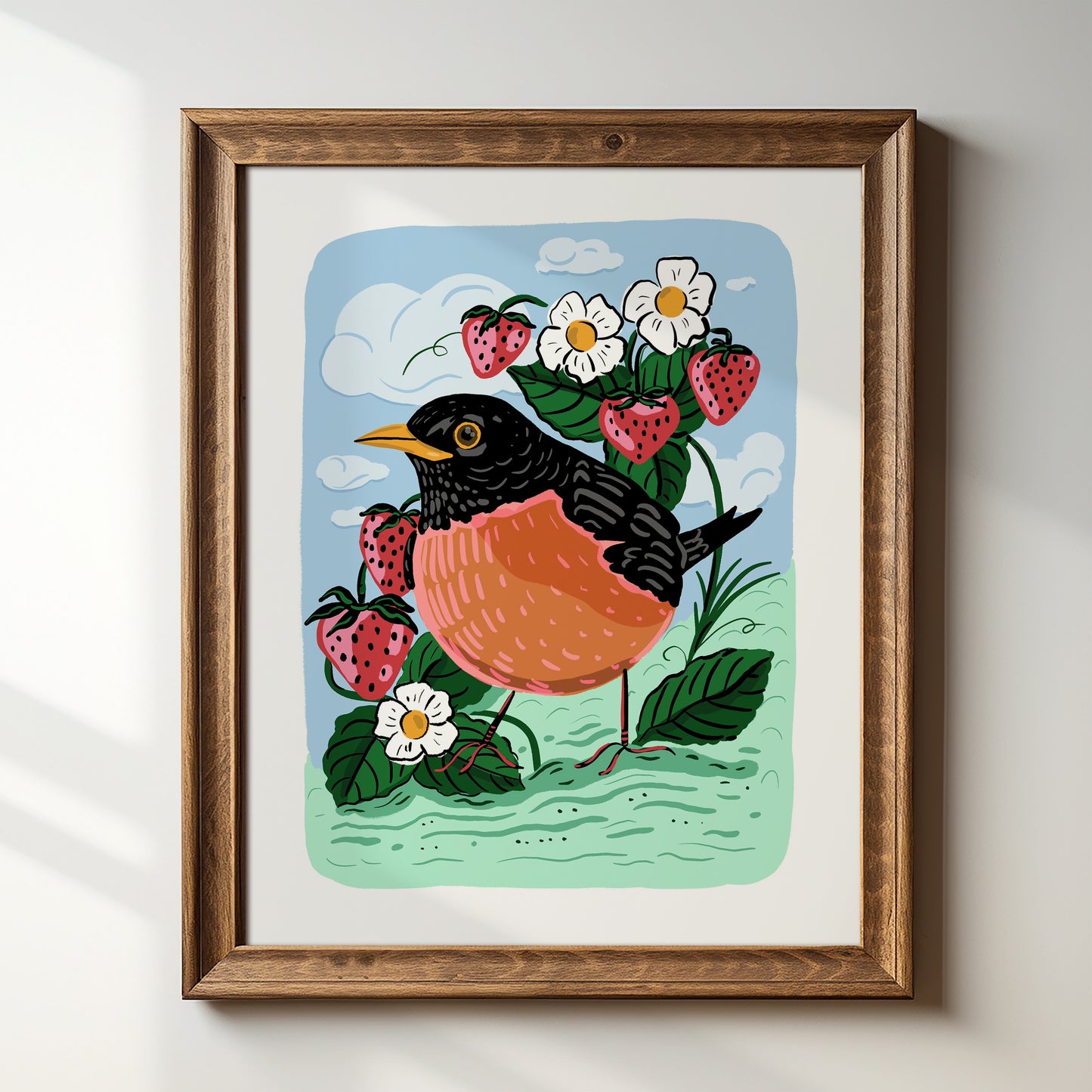 Robin with Strawberries - Art Print