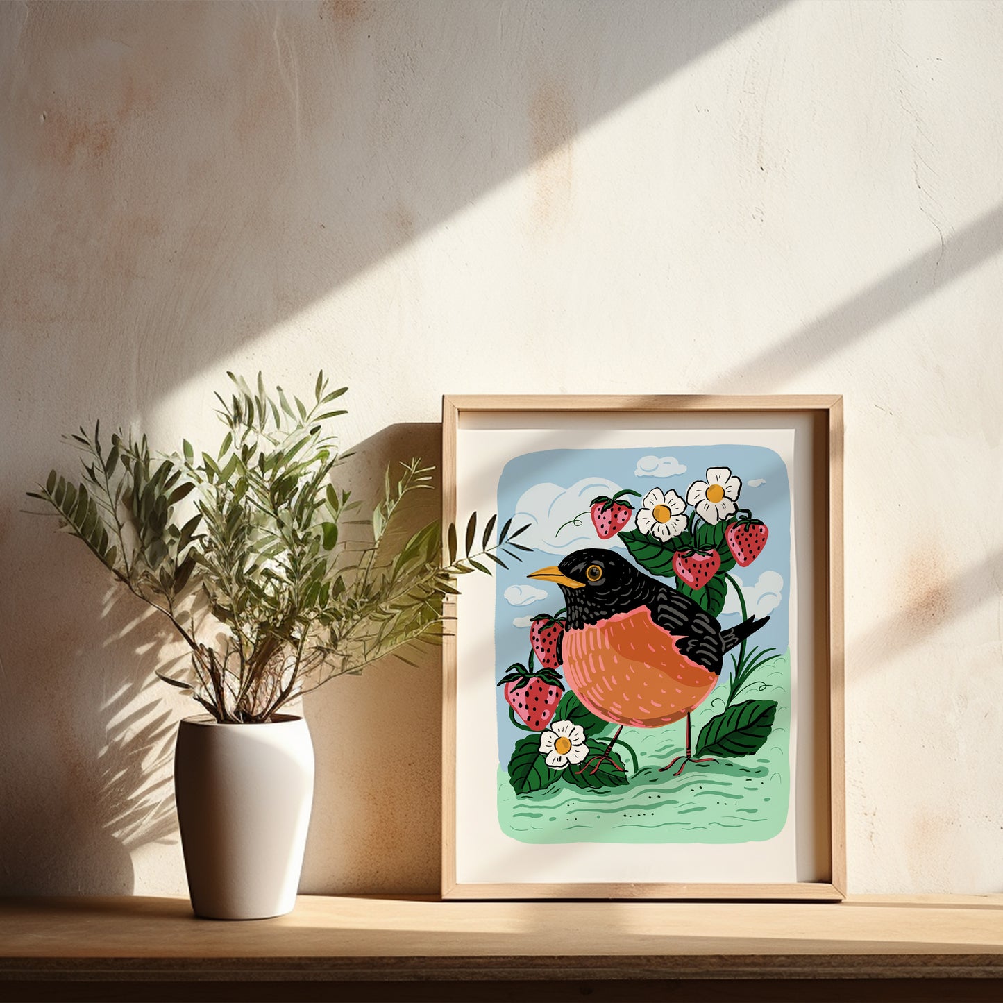 Robin with Strawberries - Art Print