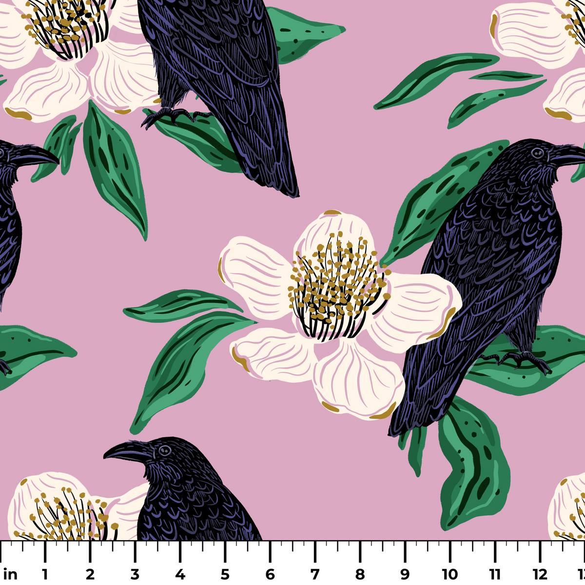 White magnolia flowers with green leaves and black crows on pink background in repeating pattern