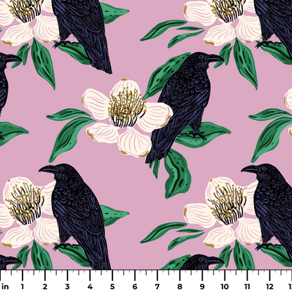 Raven with Magnolia Blossoms  Fabric