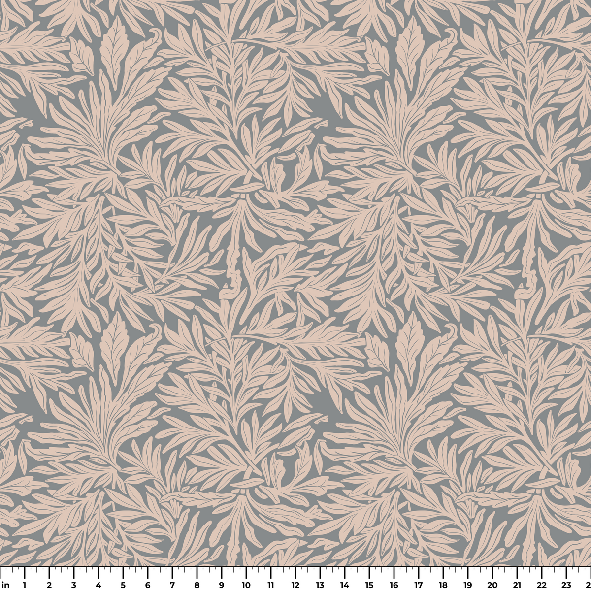 Beige palm fronds and tropical leaves pattern on gray background in Art Nouveau style