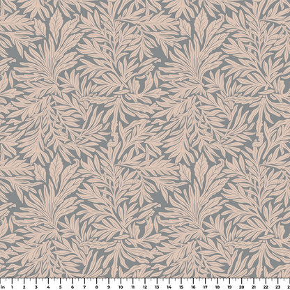 Beige palm fronds and tropical leaves pattern on gray background in Art Nouveau style