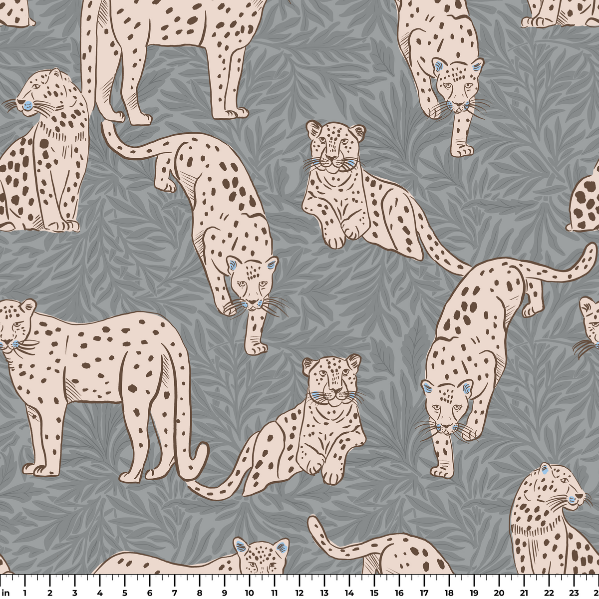 Leopards in various poses on gray background with leaf pattern
