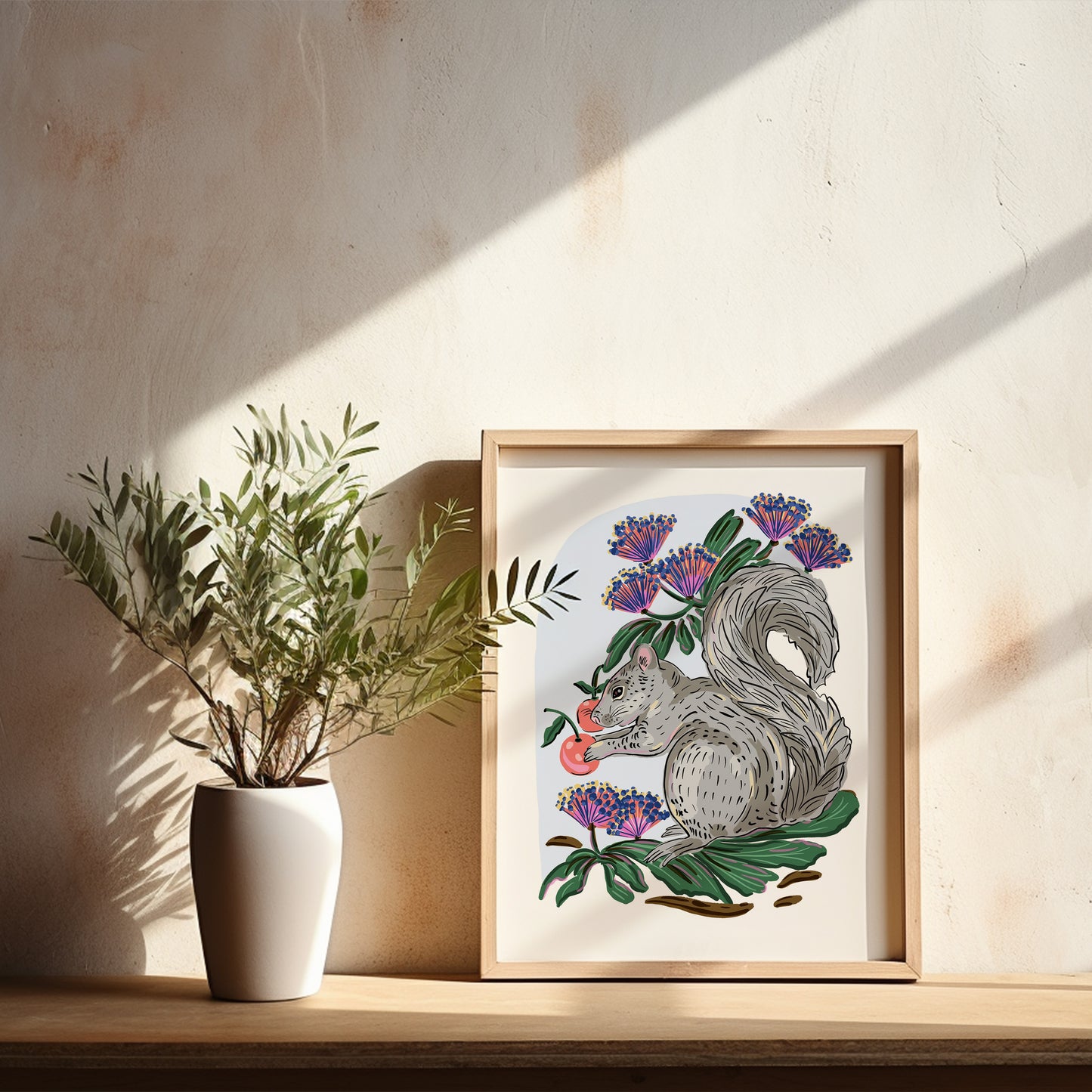 Gray Squirrel with Cherries - Art Print