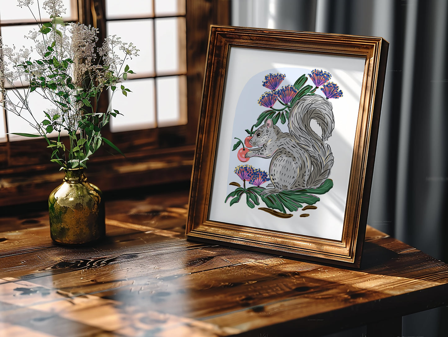 Gray Squirrel with Cherries - Art Print