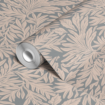 Beige palm fronds and tropical leaves pattern on gray background in Art Nouveau style