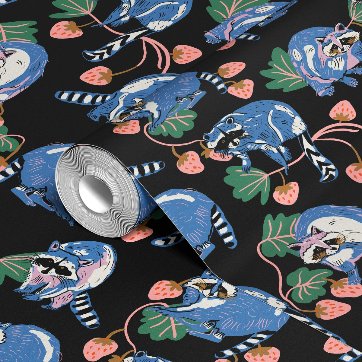 Raccoons and Strawberries Wallpaper