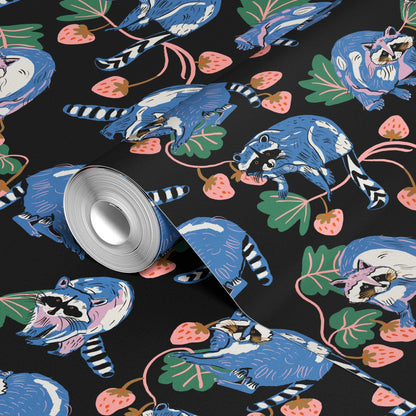 Raccoons and Strawberries Wallpaper