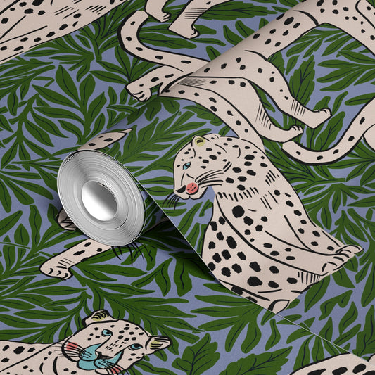 Cheetahs on dark green tropical leaf background pattern