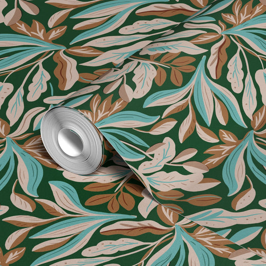 Tropical leaves pattern in green, turquoise, beige, and brown on dark green background