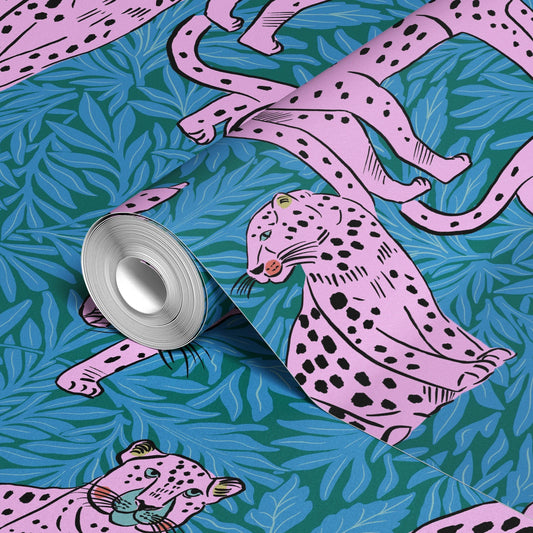 Pink leopards with black spots on teal tropical leaf pattern background