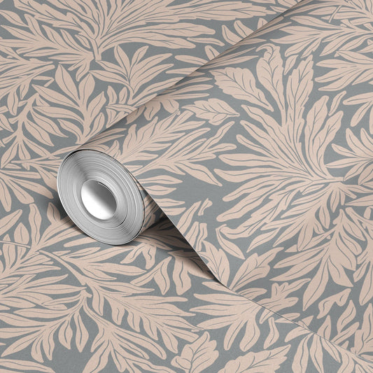 Beige palm fronds and tropical leaves pattern on gray background in Art Nouveau style