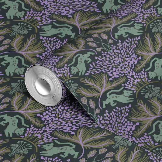 Art Nouveau pattern with green rabbits, purple wisteria flowers, and flowing foliage on dark backgro