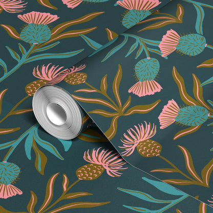 Thistle, Dark Teal Wallpaper